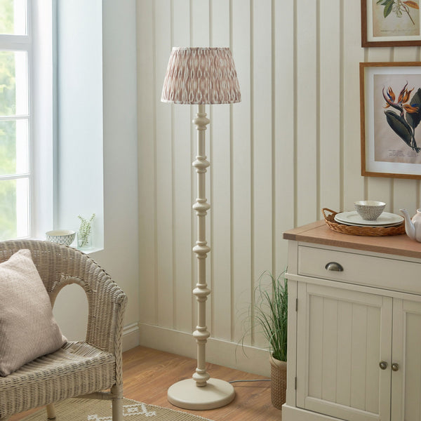 Carnaby Floor Lamp in Satin Almond White Painted Finish with Ikat 35cm Neutral Faux Silk Fabric Shade