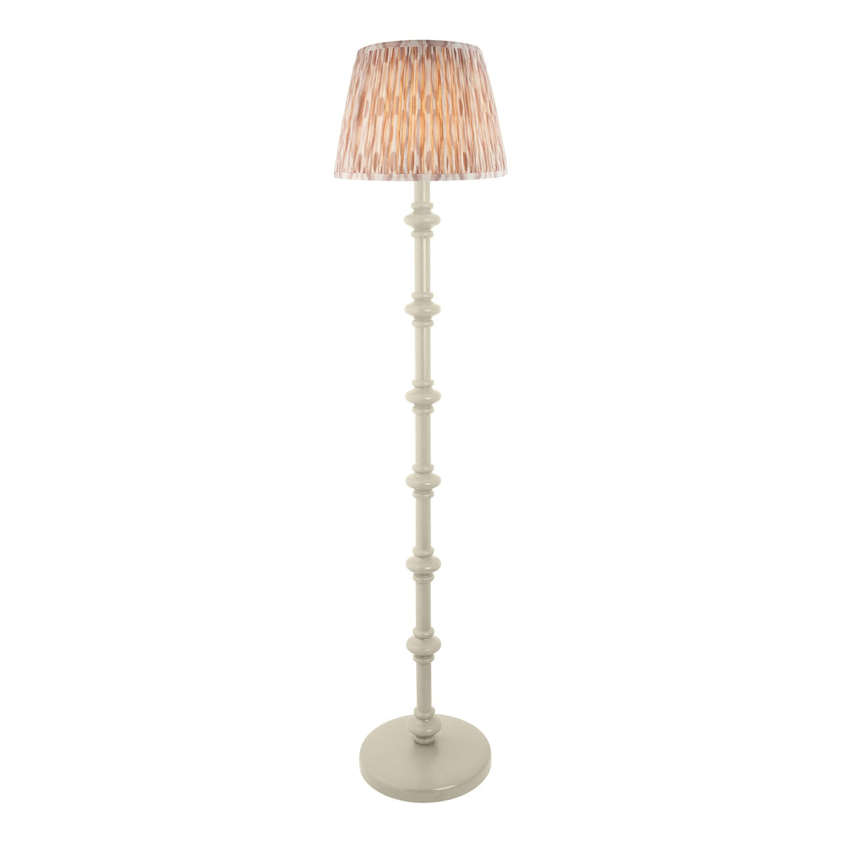 Carnaby Floor Lamp in Satin Almond White Painted Finish with Ikat 35cm Neutral Faux Silk Fabric Shade