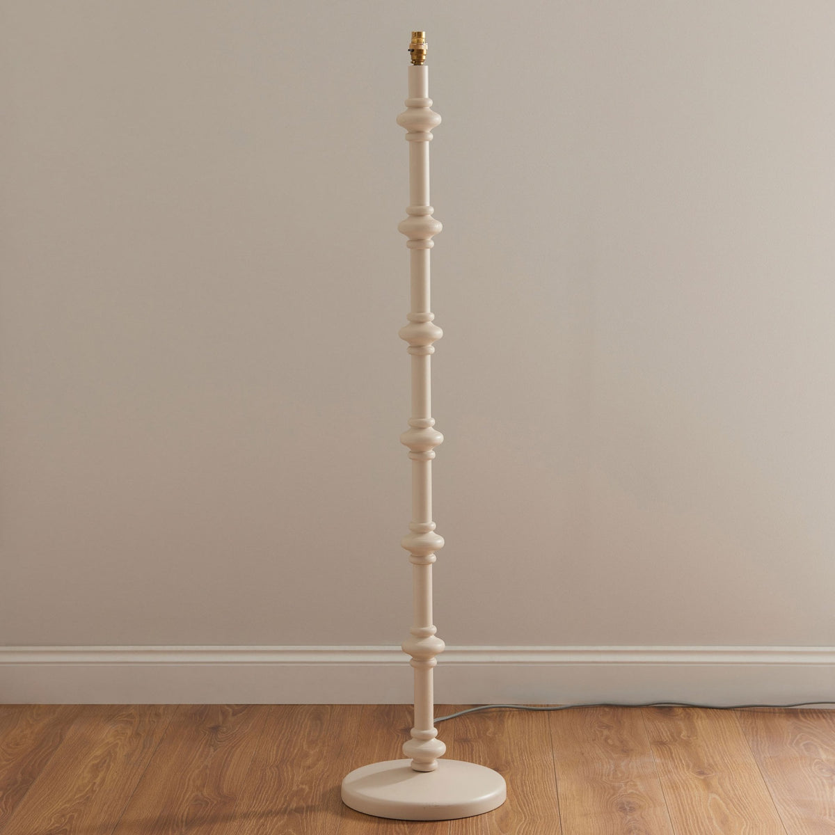 Carnaby Floor Lamp in Satin Almond White Painted Finish with Ikat 35cm Neutral Faux Silk Fabric Shade
