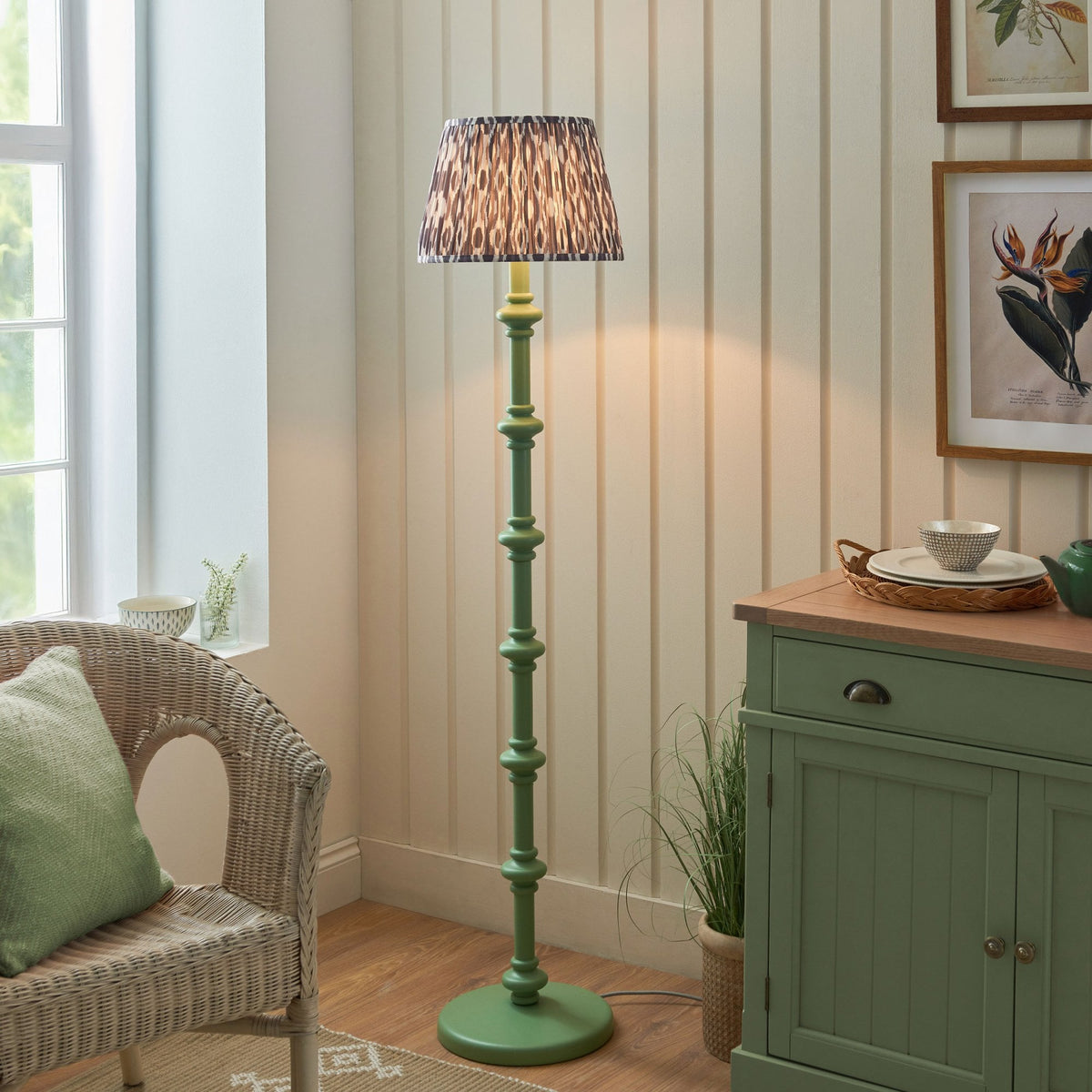 Carnaby Floor Lamp in Satin Cotswold Green Painted Finish with Ikat 35cm Pearl Grey Faux Silk Fabric Shade