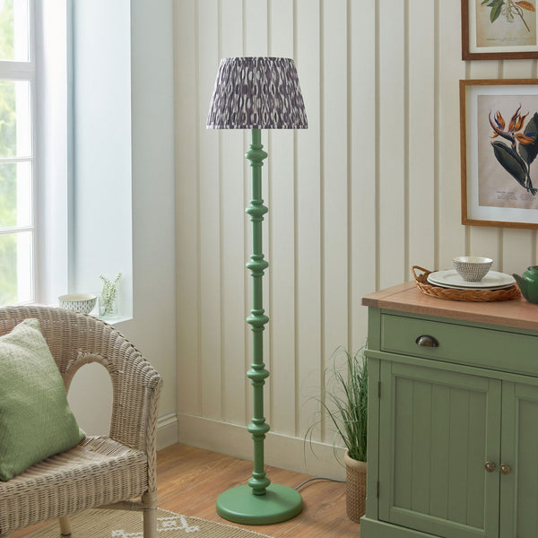 Carnaby Floor Lamp in Satin Cotswold Green Painted Finish with Ikat 35cm Pearl Grey Faux Silk Fabric Shade