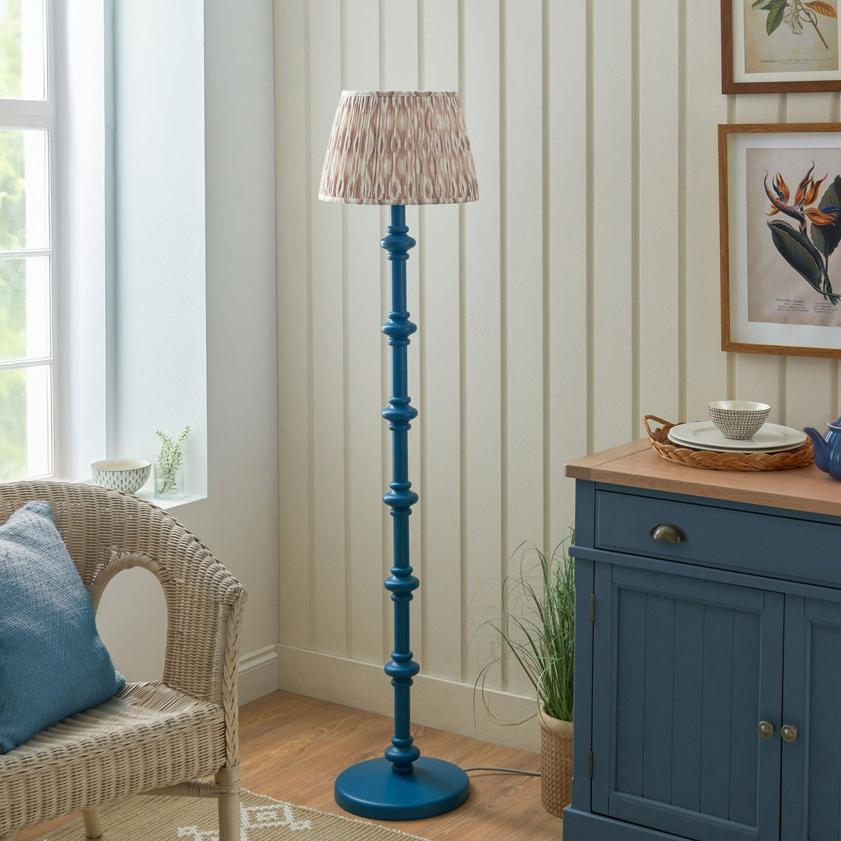 Carnaby Floor Lamp in Satin Marlin Blue Painted Finish with Ikat 35cm Neutral Faux Silk Fabric Shade