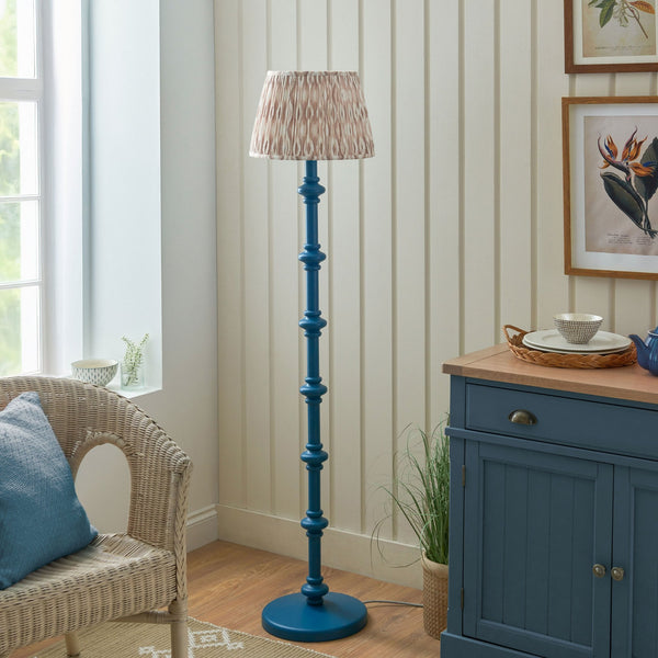 Carnaby Floor Lamp in Satin Marlin Blue Painted Finish with Ikat 35cm Neutral Faux Silk Fabric Shade