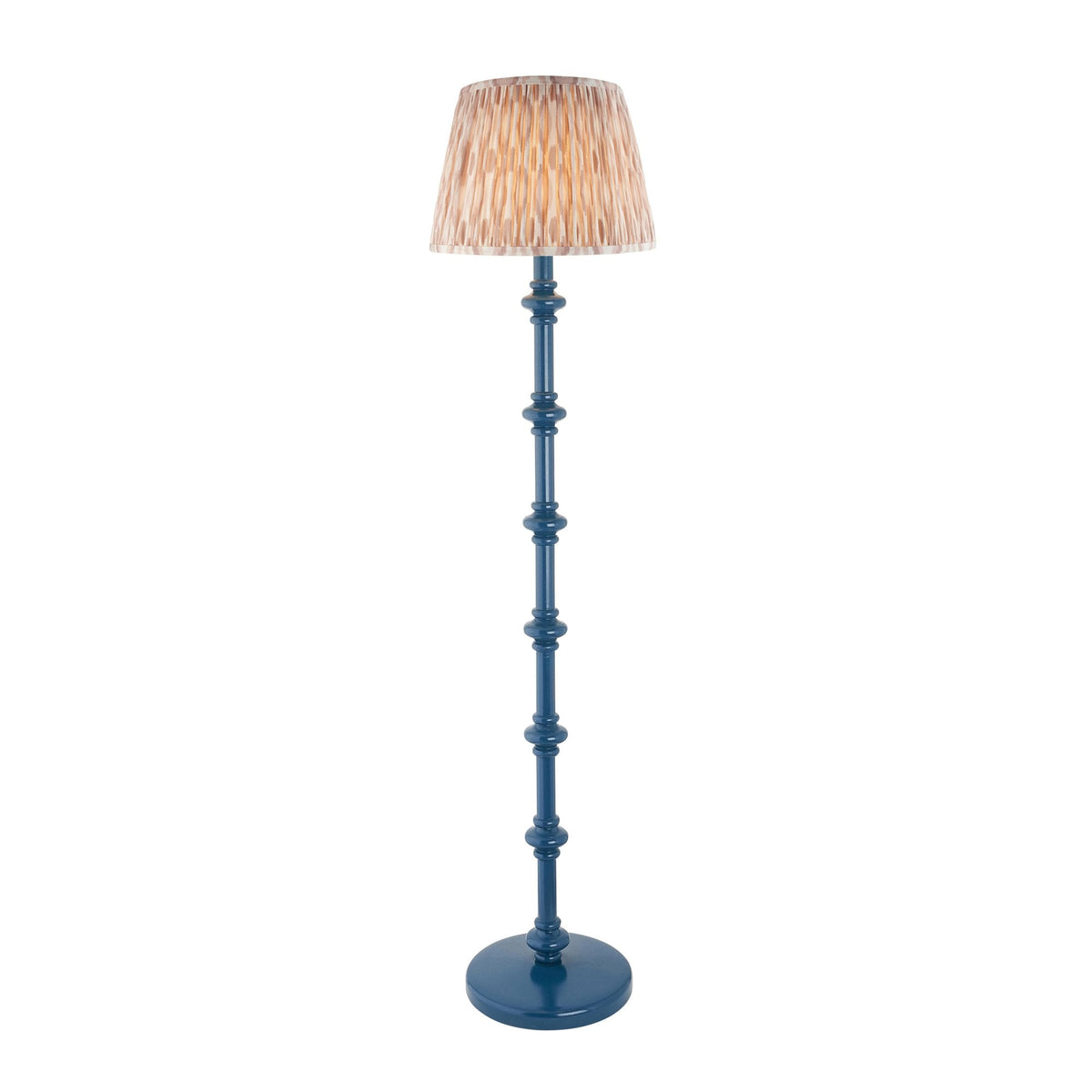 Carnaby Floor Lamp in Satin Marlin Blue Painted Finish with Ikat 35cm Neutral Faux Silk Fabric Shade