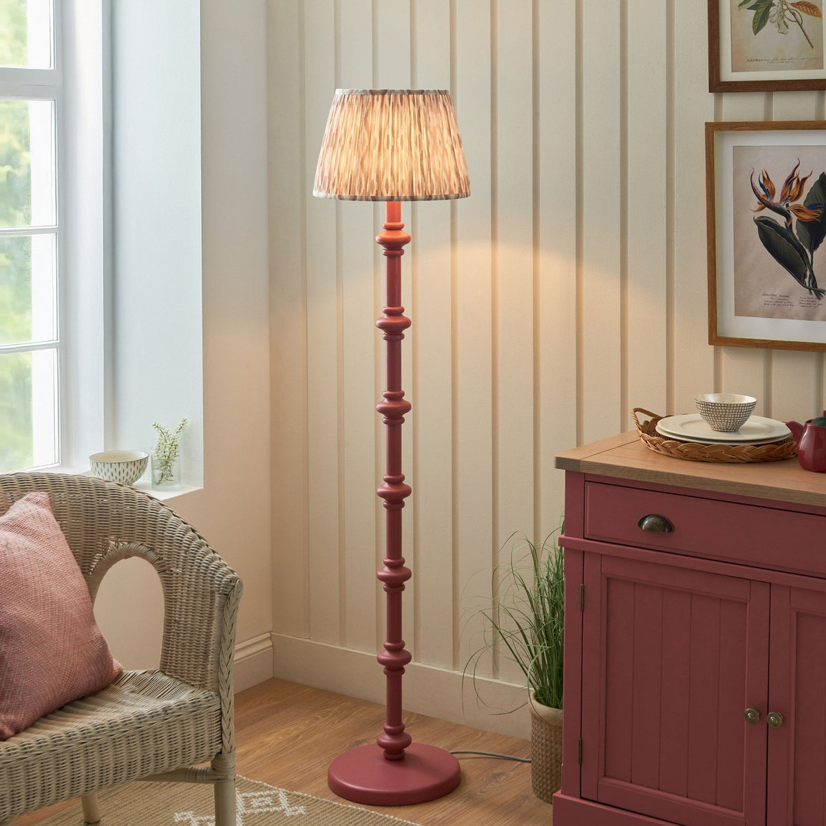 Carnaby Floor Lamp in Satin Pink Clay Painted Finish with Ikat 35cm Neutral Faux Silk Fabric Shade