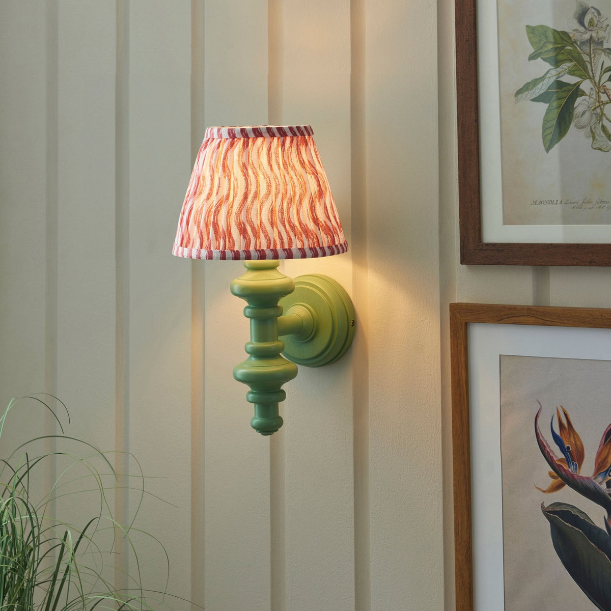 Carnaby Wall Light in Satin Cotswold Green Painted Finish with Ripple 20cm Coral Pink Faux Linen Fabric Shade