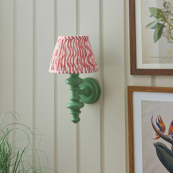Carnaby Wall Light in Satin Cotswold Green Painted Finish with Ripple 20cm Coral Pink Faux Linen Fabric Shade