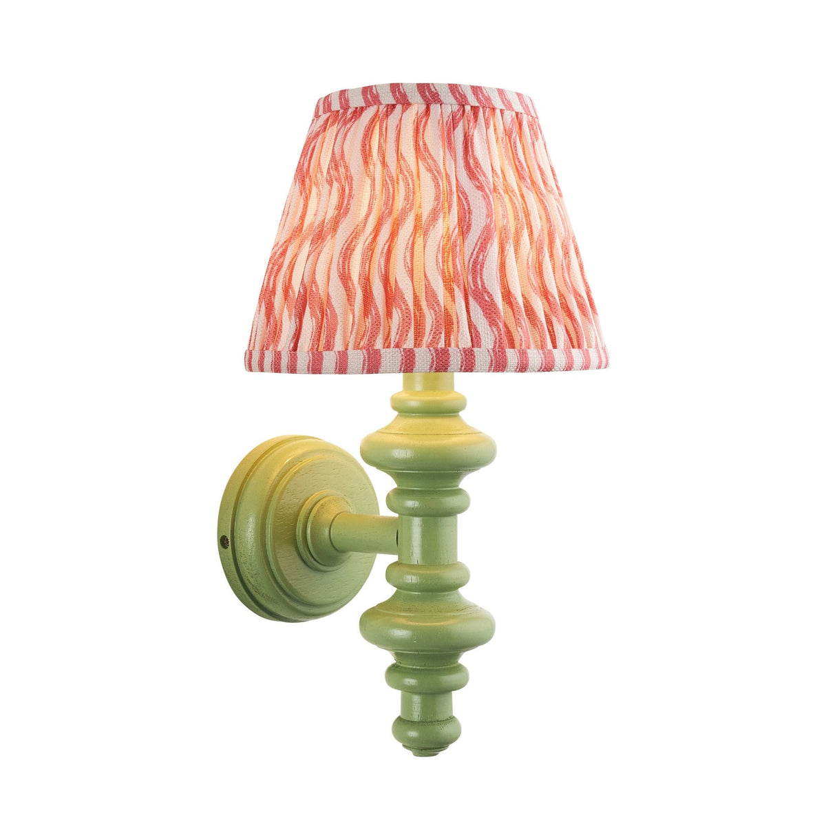 Carnaby Wall Light in Satin Cotswold Green Painted Finish with Ripple 20cm Coral Pink Faux Linen Fabric Shade
