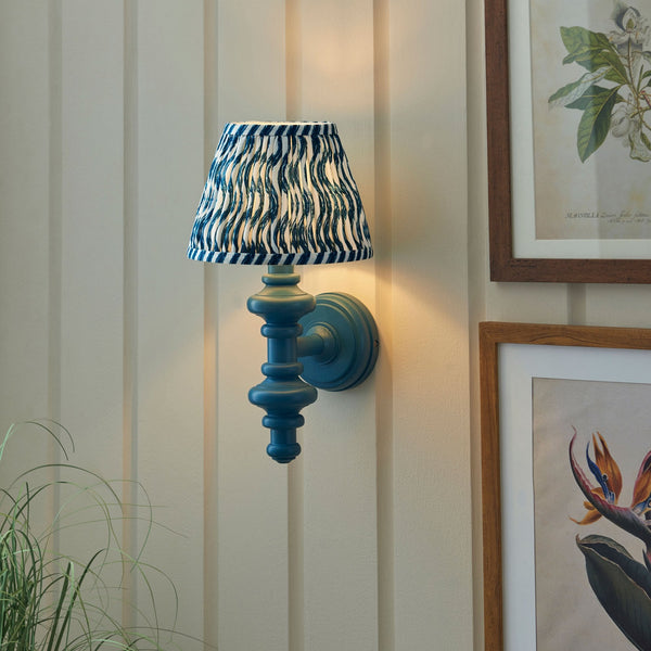 Carnaby Wall Light in Satin Marlin Blue Painted Finish with Ripple 20cm Marlin Blue Faux Linen Fabric Shade