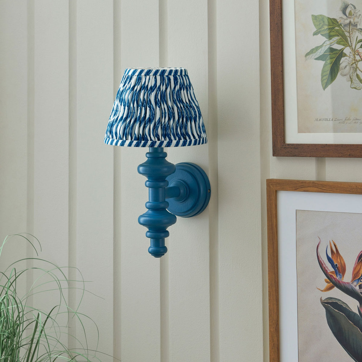 Carnaby Wall Light in Satin Marlin Blue Painted Finish with Ripple 20cm Marlin Blue Faux Linen Fabric Shade