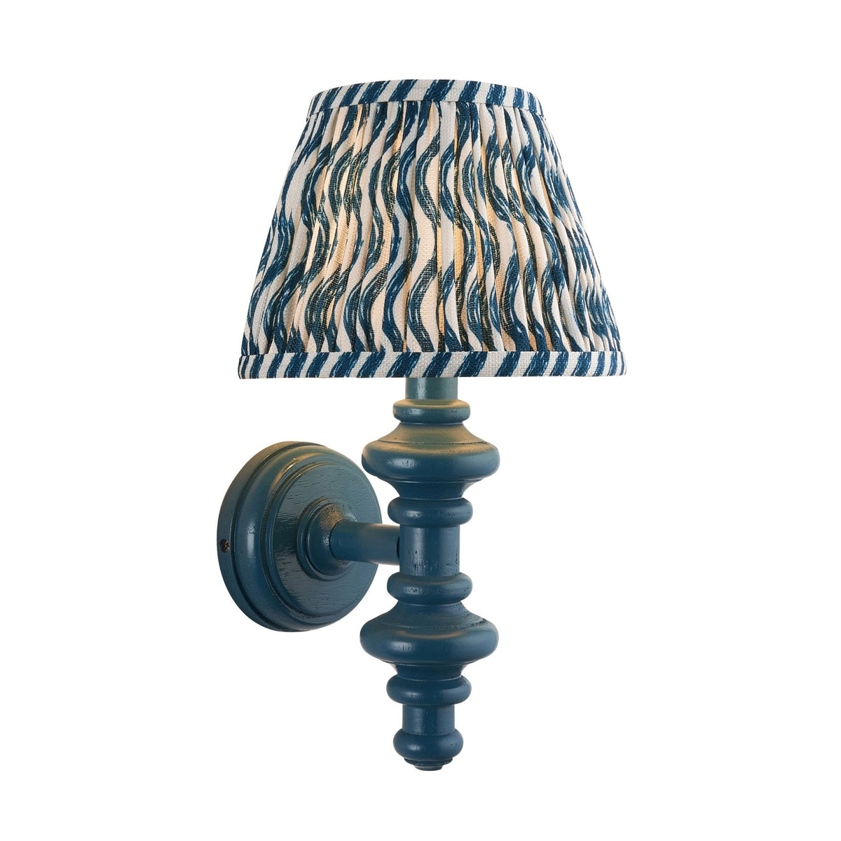 Carnaby Wall Light in Satin Marlin Blue Painted Finish with Ripple 20cm Marlin Blue Faux Linen Fabric Shade