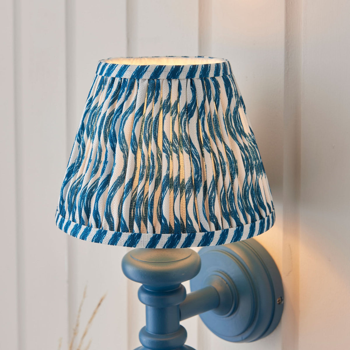 Carnaby Wall Light in Satin Marlin Blue Painted Finish with Ripple 20cm Marlin Blue Faux Linen Fabric Shade