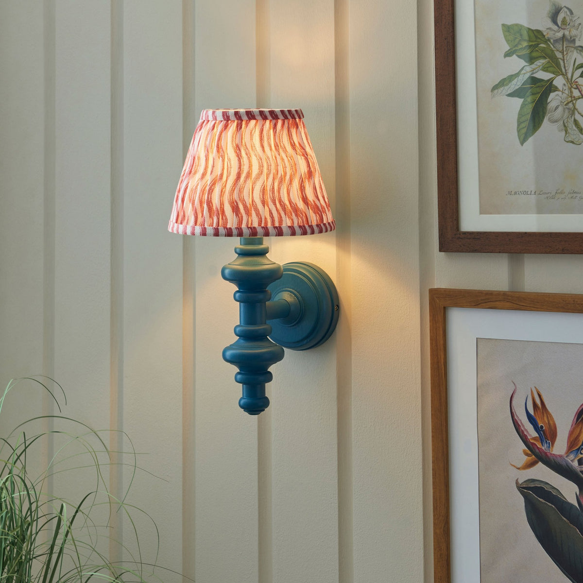 Carnaby Wall Light in Satin Marlin Blue Painted Finish with Ripple 20cm Coral Pink Faux Linen Fabric Shade