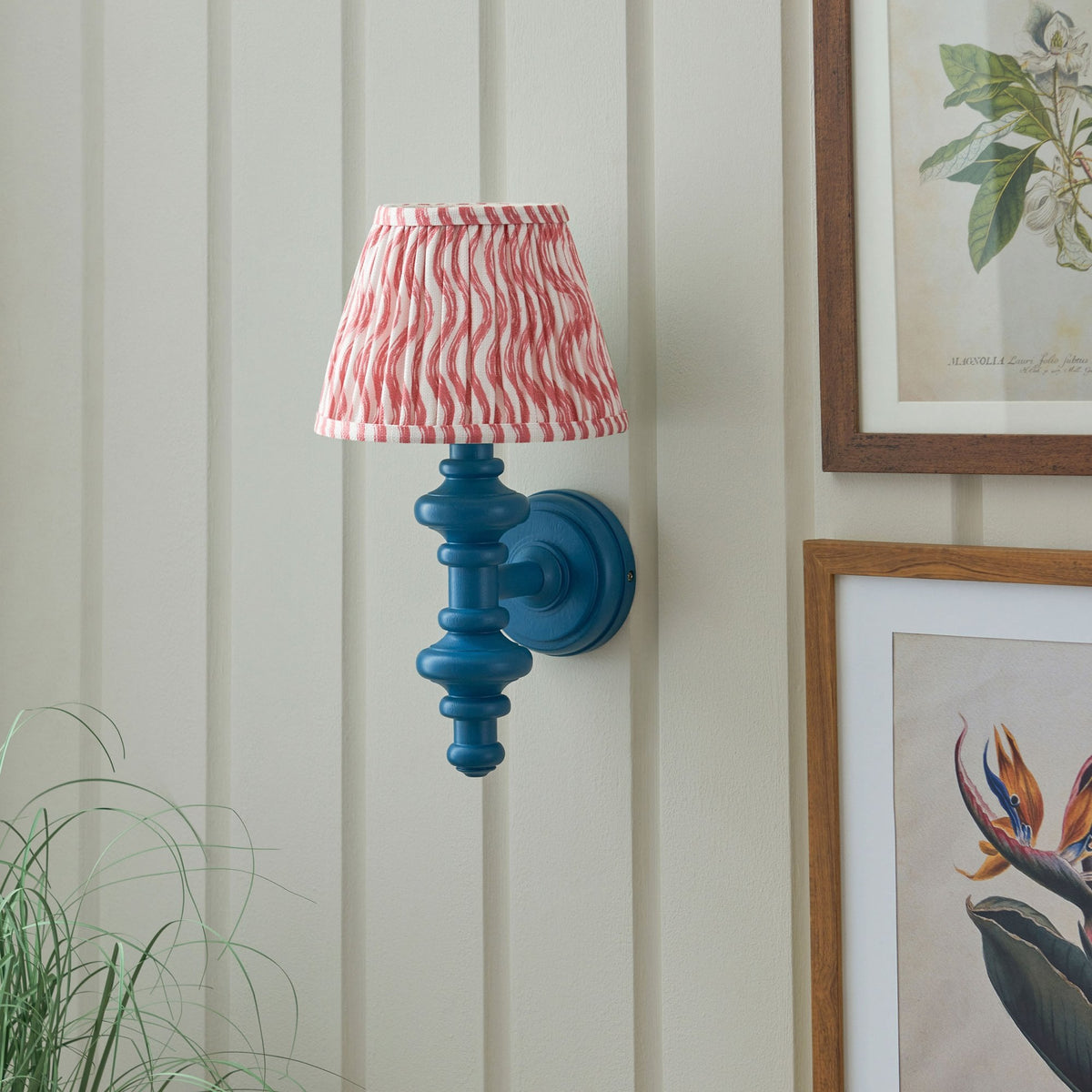 Carnaby Wall Light in Satin Marlin Blue Painted Finish with Ripple 20cm Coral Pink Faux Linen Fabric Shade