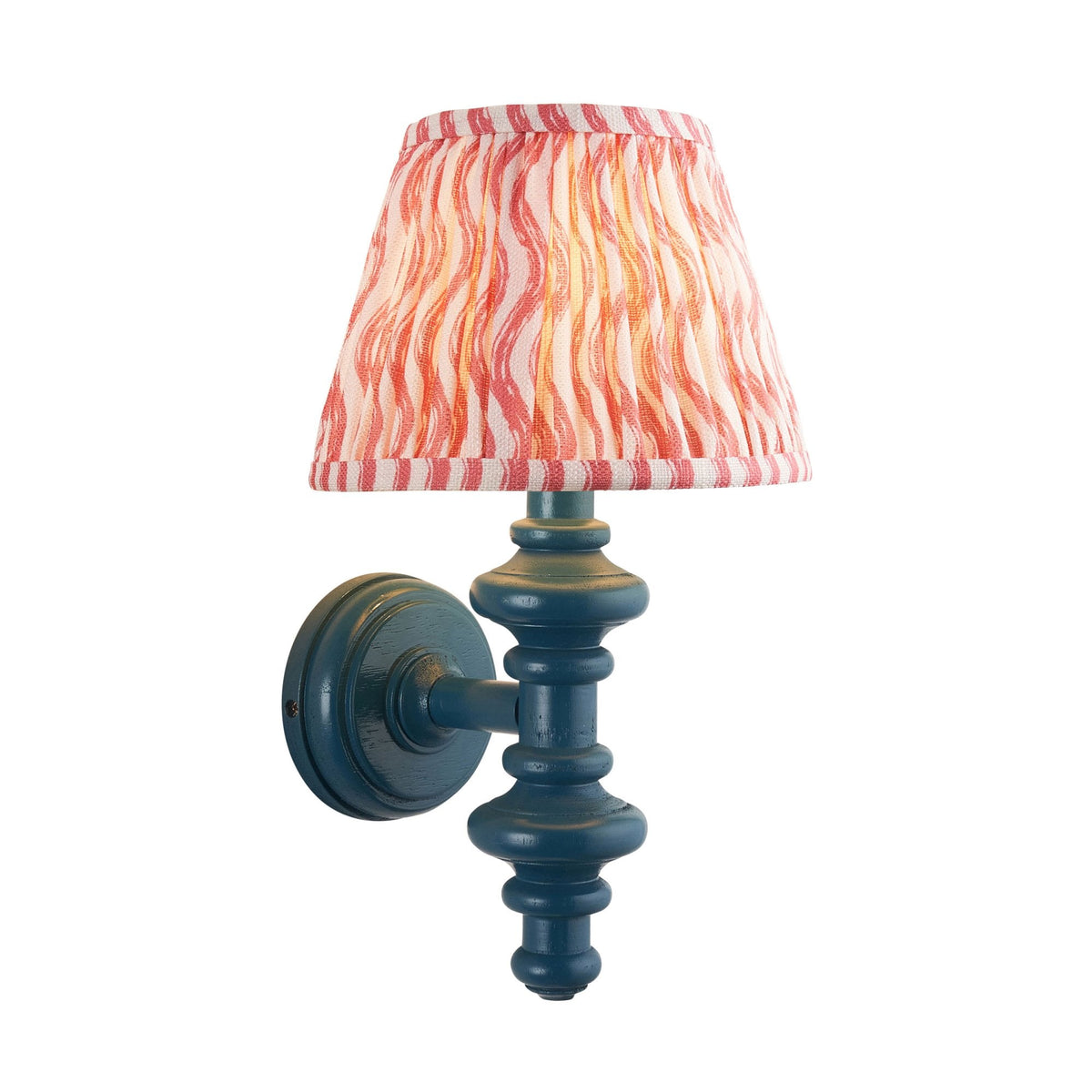 Carnaby Wall Light in Satin Marlin Blue Painted Finish with Ripple 20cm Coral Pink Faux Linen Fabric Shade