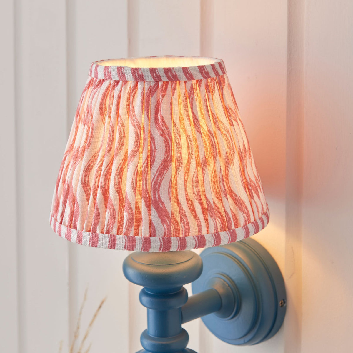 Carnaby Wall Light in Satin Marlin Blue Painted Finish with Ripple 20cm Coral Pink Faux Linen Fabric Shade