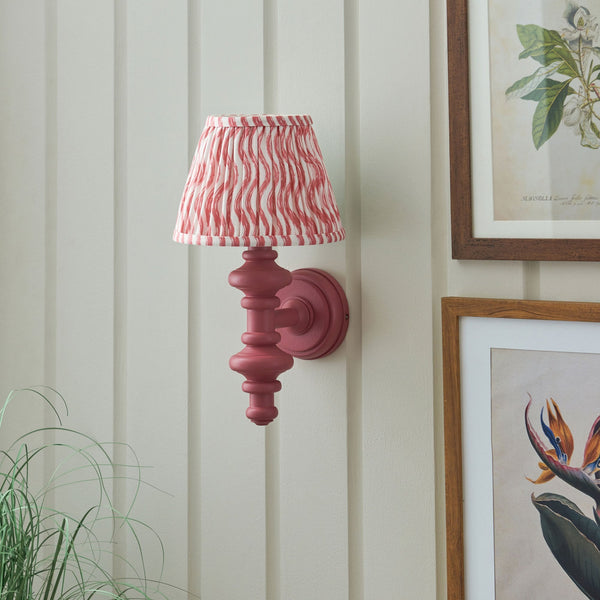 Carnaby Wall Light in Satin Pink Clay Painted Finish with Ripple 20cm Coral Pink Faux Linen Fabric Shade