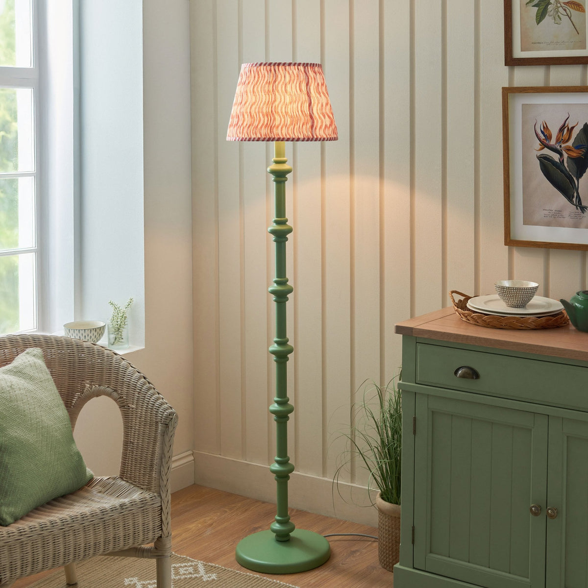 Carnaby Floor Lamp in Satin Cotswold Green Painted Finish with Ripple 35cm Coral Pink Faux Linen Fabric Shade