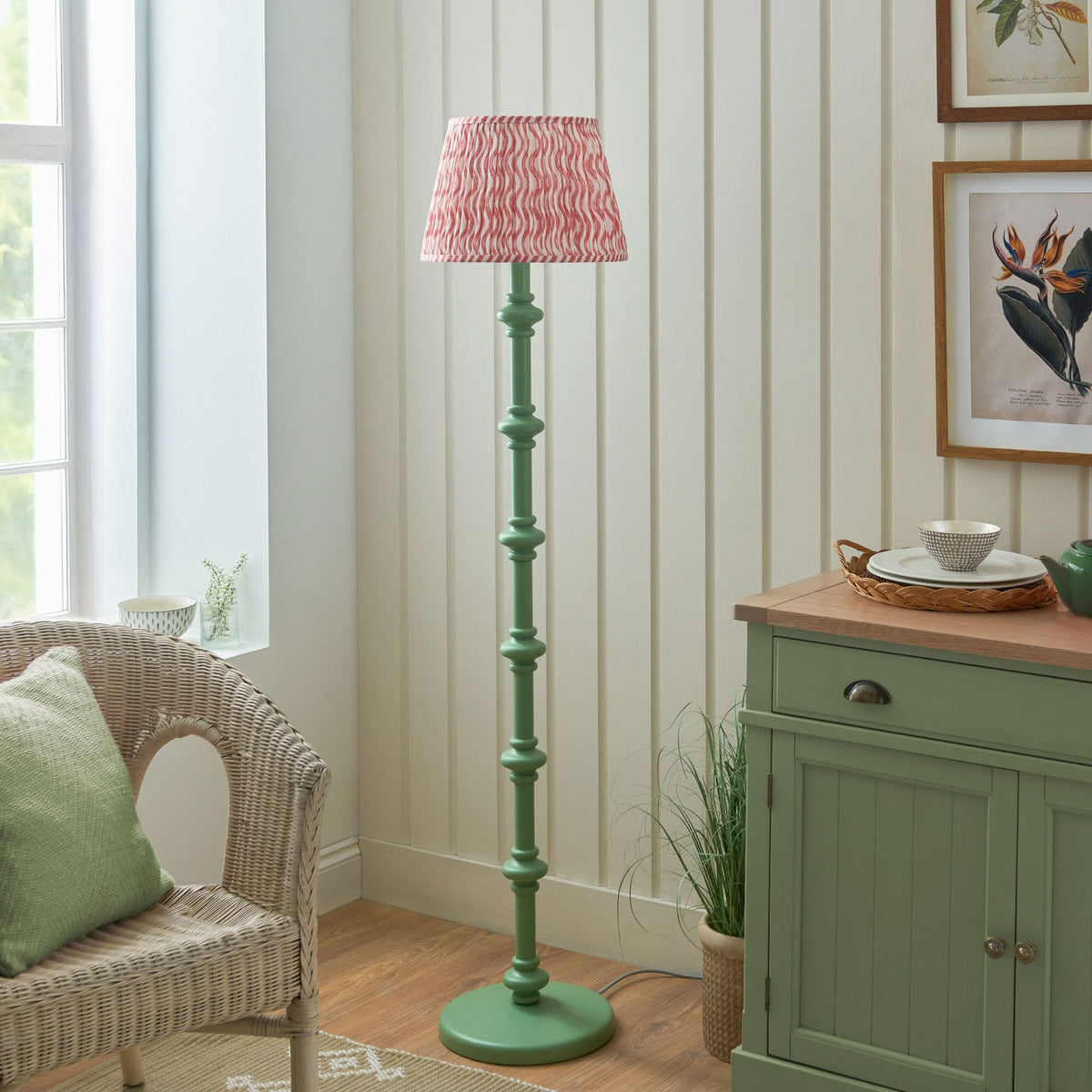 Carnaby Floor Lamp in Satin Cotswold Green Painted Finish with Ripple 35cm Coral Pink Faux Linen Fabric Shade