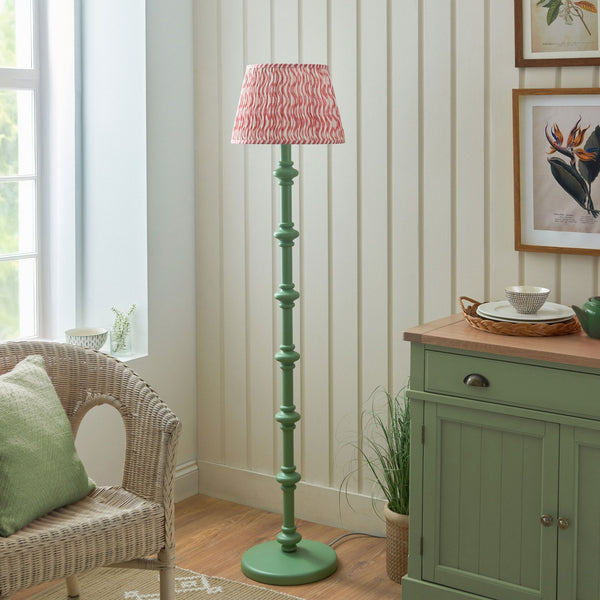 Carnaby Floor Lamp in Satin Cotswold Green Painted Finish with Ripple 35cm Coral Pink Faux Linen Fabric Shade