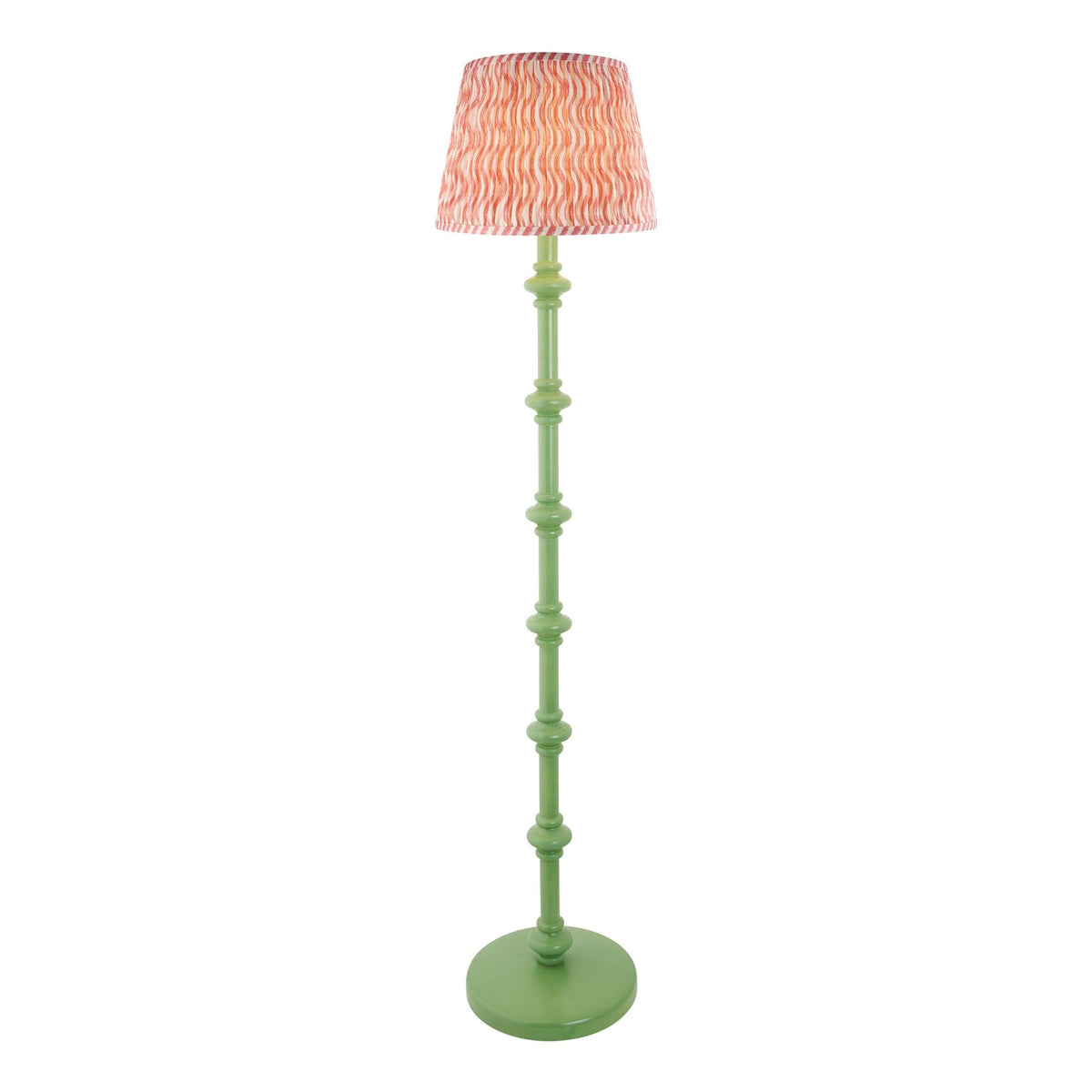 Carnaby Floor Lamp in Satin Cotswold Green Painted Finish with Ripple 35cm Coral Pink Faux Linen Fabric Shade