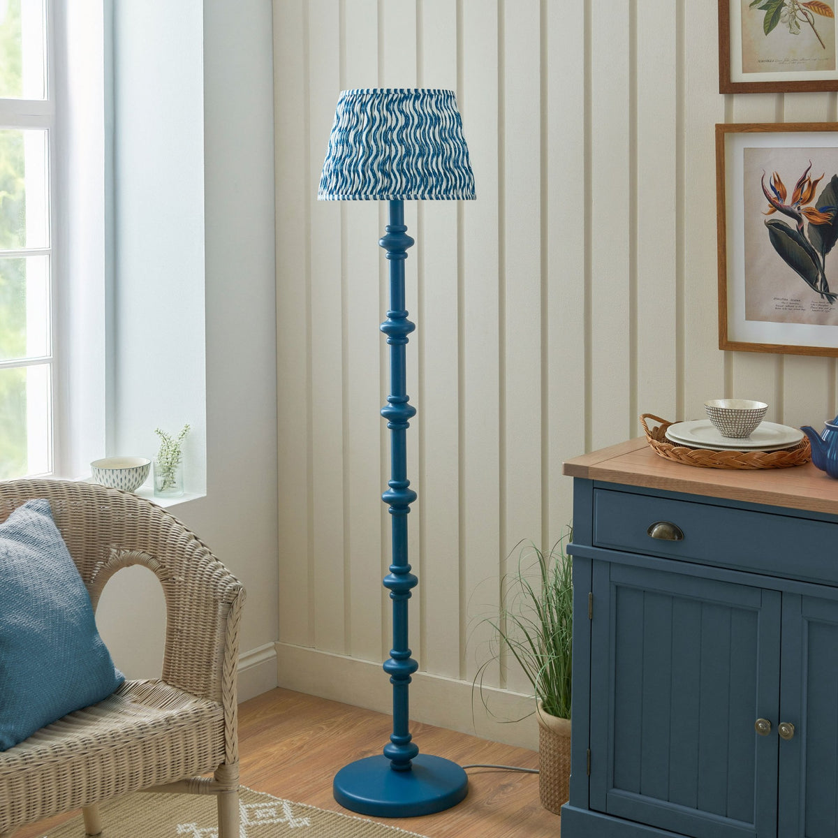Carnaby Floor Lamp in Satin Marlin Blue Painted Finish with Ripple 35cm Marlin Blue Faux Linen Fabric Shade