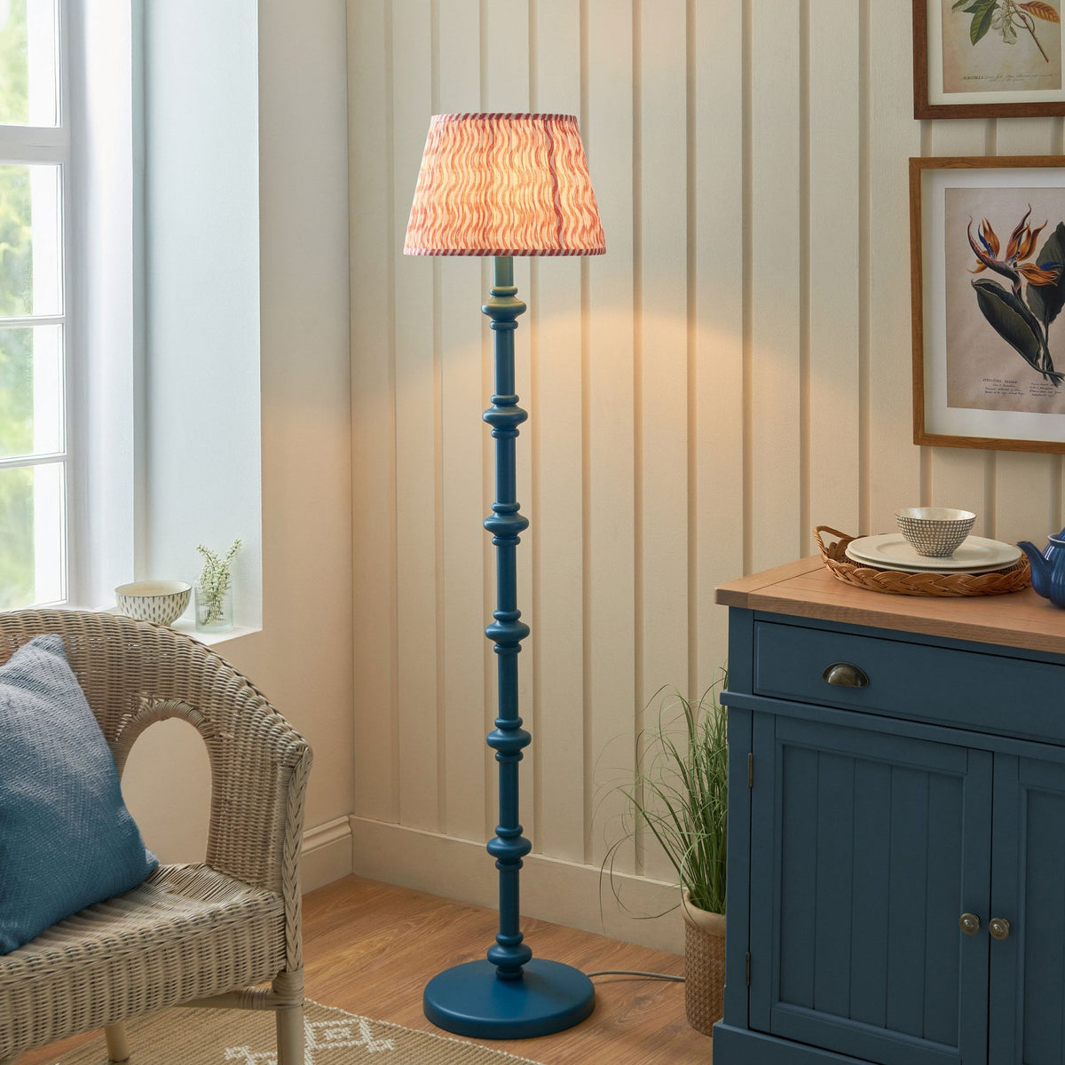 Carnaby Floor Lamp in Satin Marlin Blue Painted Finish with Ripple 35cm Coral Pink Faux Linen Fabric Shade