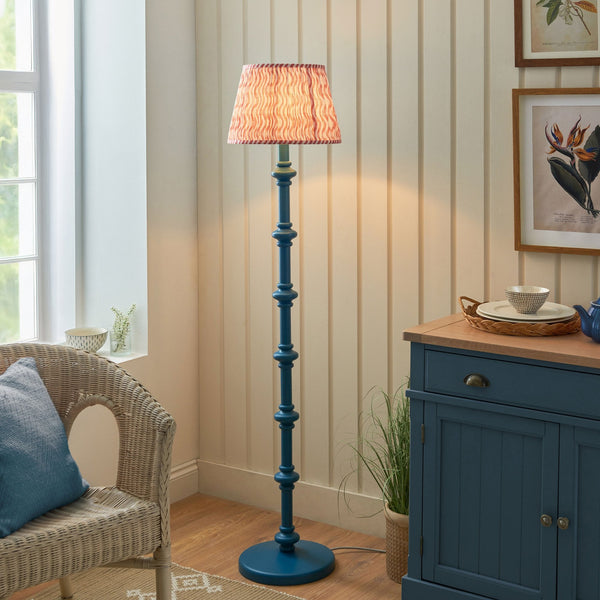 Carnaby Floor Lamp in Satin Marlin Blue Painted Finish with Ripple 35cm Coral Pink Faux Linen Fabric Shade