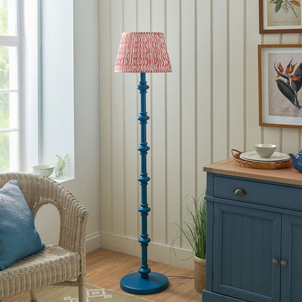 Carnaby Floor Lamp in Satin Marlin Blue Painted Finish with Ripple 35cm Coral Pink Faux Linen Fabric Shade