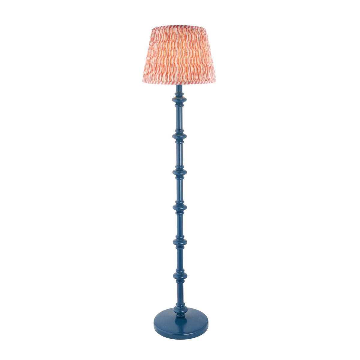 Carnaby Floor Lamp in Satin Marlin Blue Painted Finish with Ripple 35cm Coral Pink Faux Linen Fabric Shade