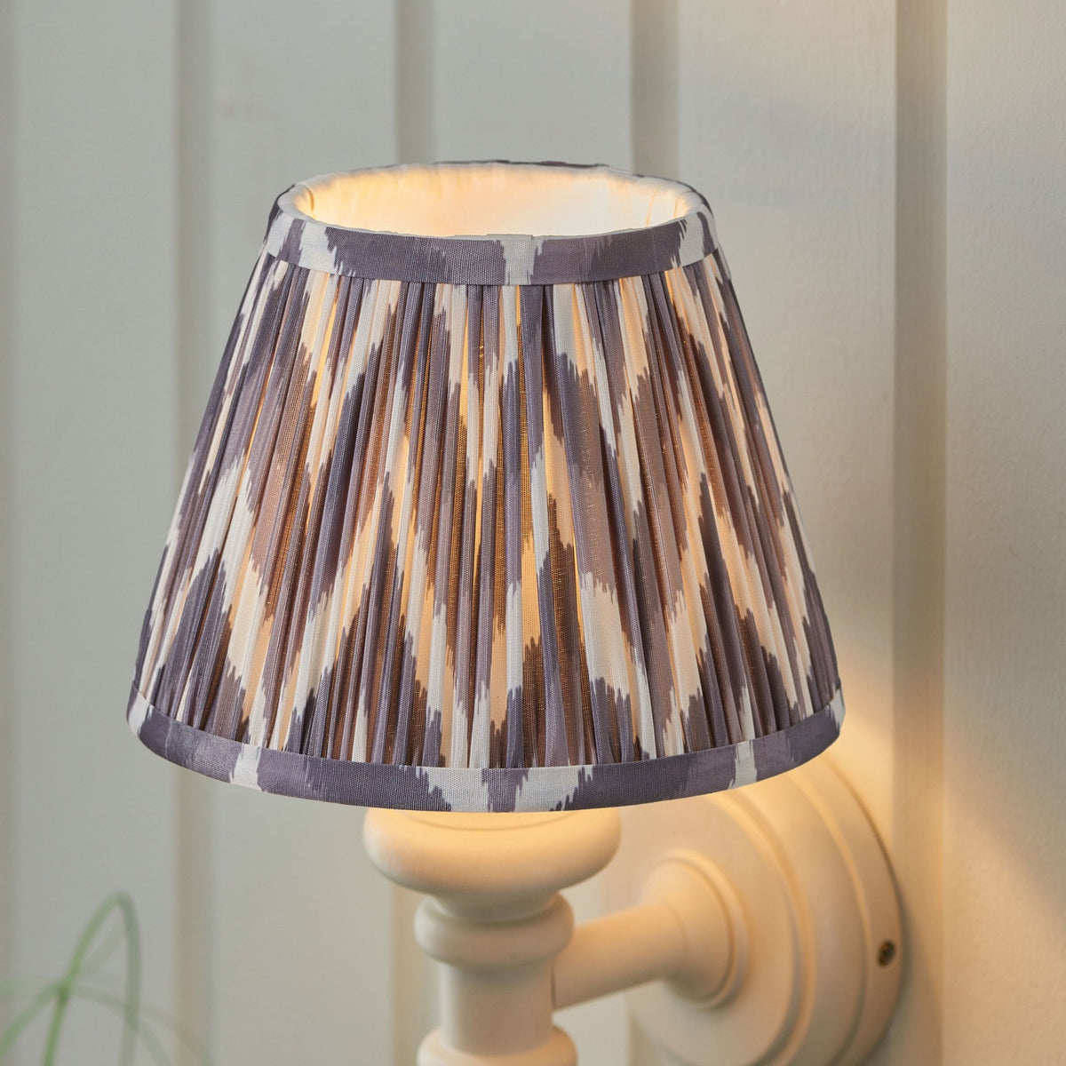 Carnaby Wall Light in Satin Almond White Painted Finish with Zigzag 20cm Pearl Grey Faux Silk Fabric Shade