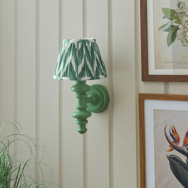 Carnaby Wall Light in Satin Cotswold Green Painted Finish with Zigzag 20cm Cotswold Green Faux Silk Fabric Shade