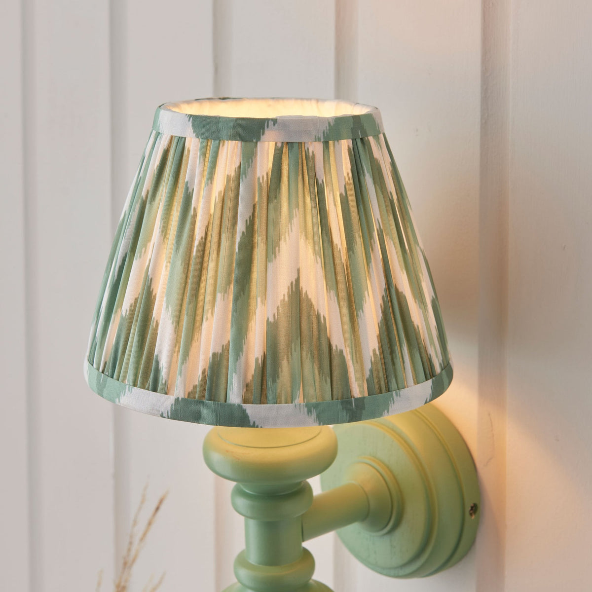 Carnaby Wall Light in Satin Cotswold Green Painted Finish with Zigzag 20cm Cotswold Green Faux Silk Fabric Shade