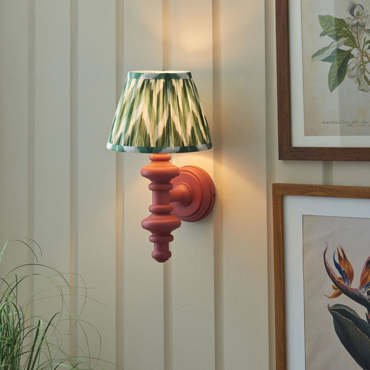 Carnaby Wall Light in Satin Pink Clay Painted Finish with Zigzag 20cm Cotswold Green Faux Silk Fabric Shade