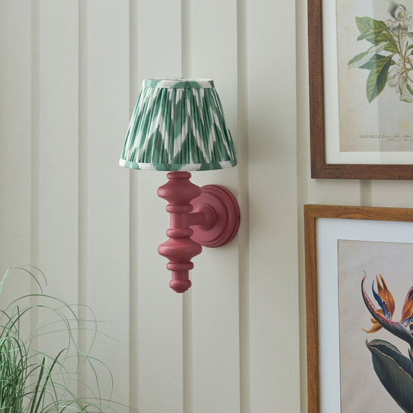 Carnaby Wall Light in Satin Pink Clay Painted Finish with Zigzag 20cm Cotswold Green Faux Silk Fabric Shade