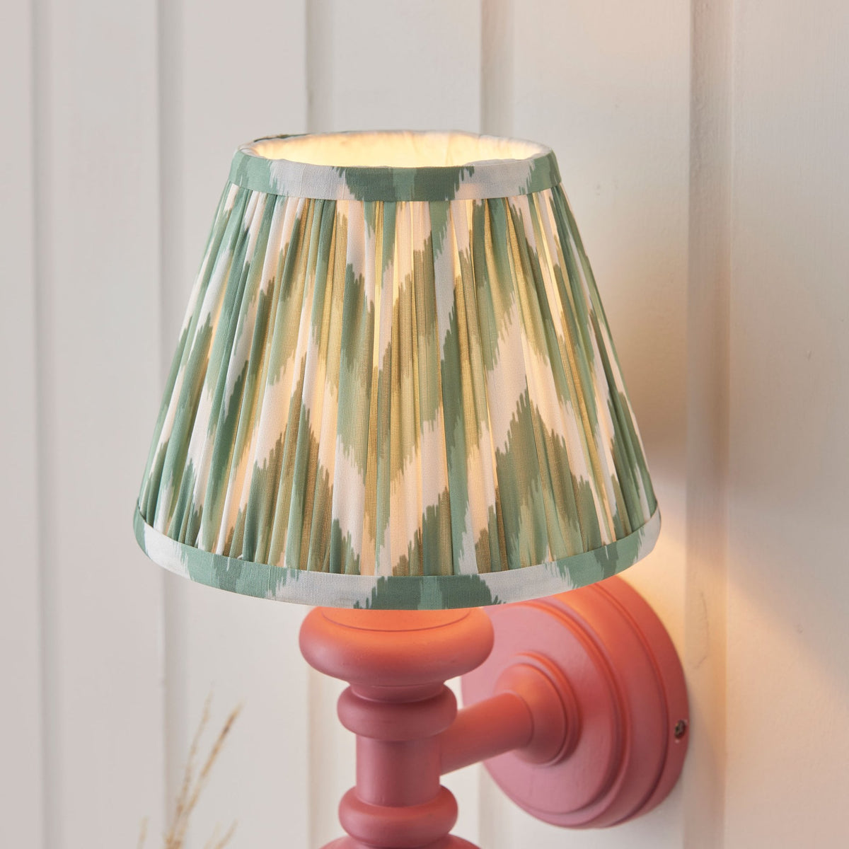 Carnaby Wall Light in Satin Pink Clay with Zigzag 20cm Cotswold Green Faux Silk Fabric Shade