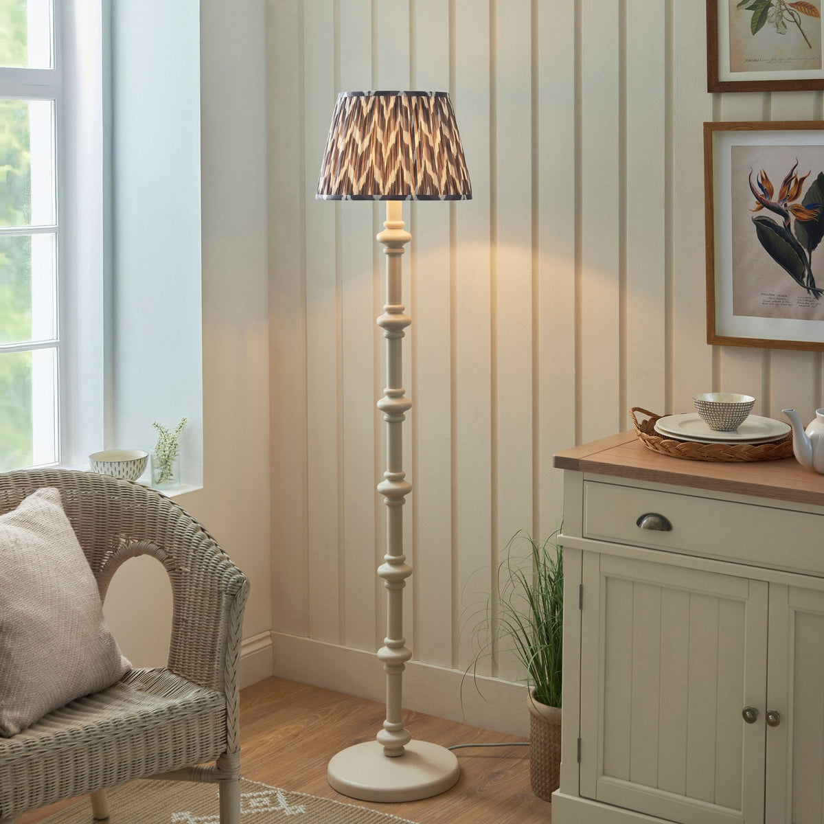 Carnaby Floor Lamp in Satin Almond White Painted Finish with Zigzag 35cm Pearl Grey Faux Silk Fabric Shade