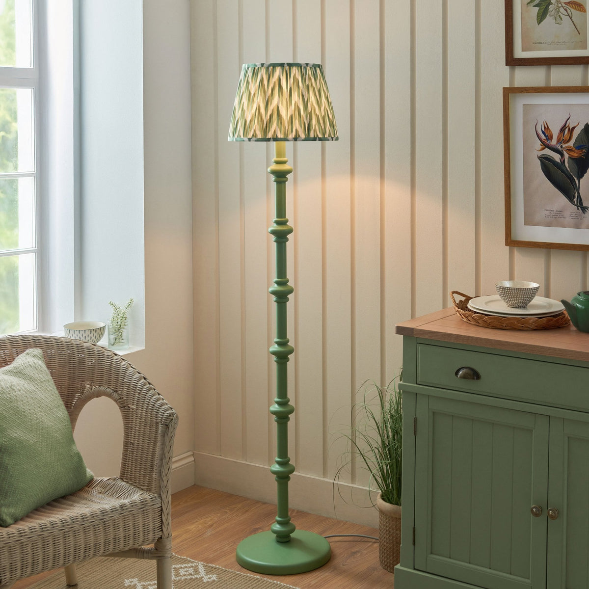 Carnaby Floor Lamp in Satin Cotswold Green Painted Finish with Zigzag 35cm Cotswold Green Faux Silk Fabric Shade