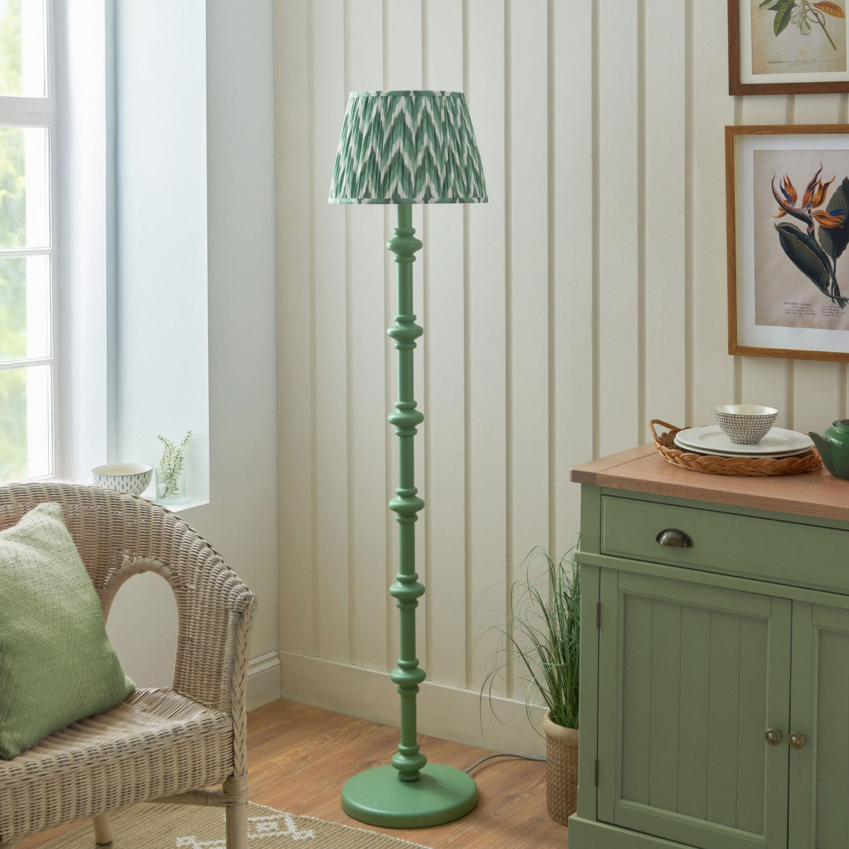 Carnaby Floor Lamp in Satin Cotswold Green Painted Finish with Zigzag 35cm Cotswold Green Faux Silk Fabric Shade