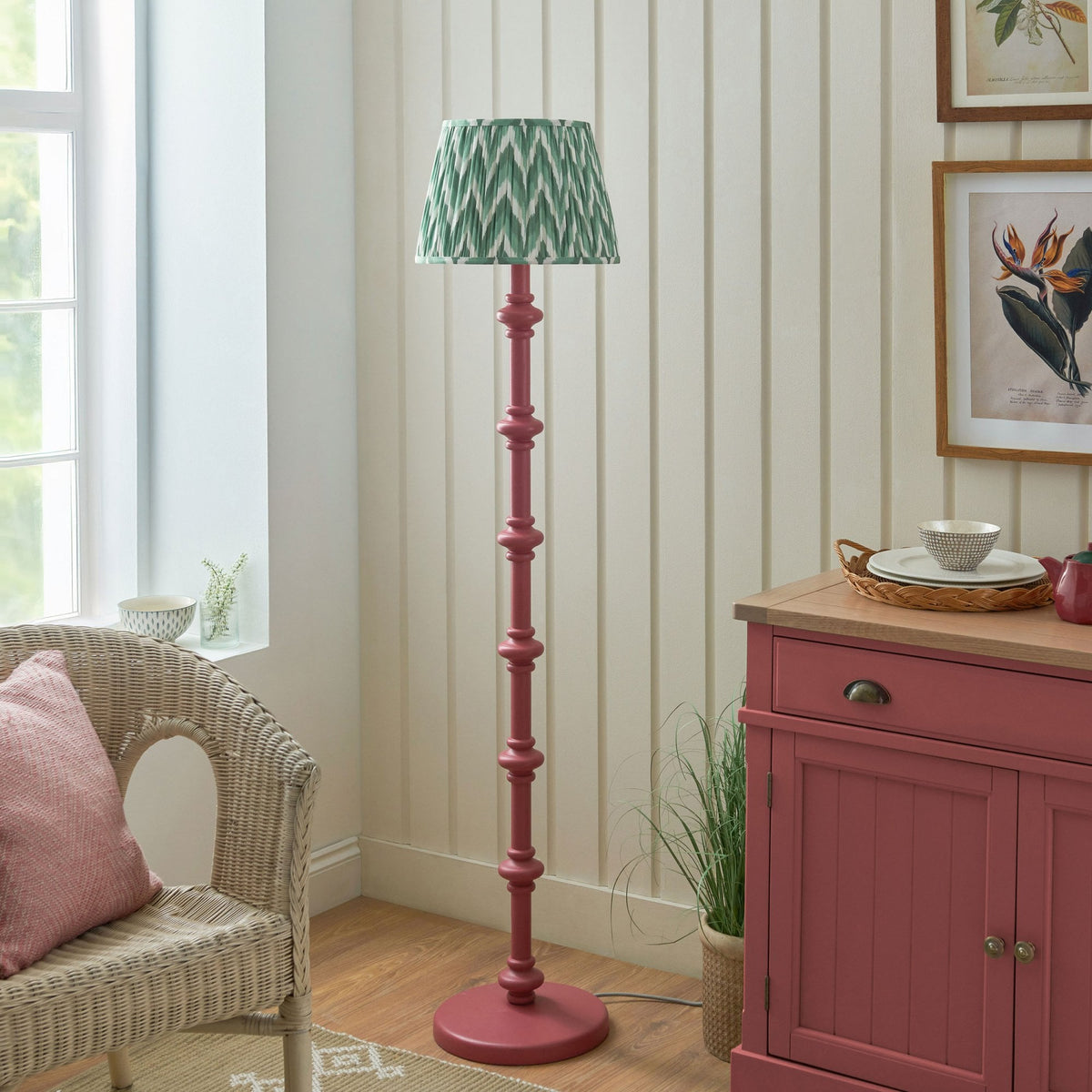 Carnaby Floor Lamp in Satin Pink Clay Painted Finish with Zigzag 35cm Cotswold Green Faux Silk Fabric Shade