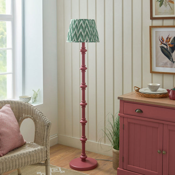Carnaby Floor Lamp in Satin Pink Clay Painted Finish with Zigzag 35cm Cotswold Green Faux Silk Fabric Shade
