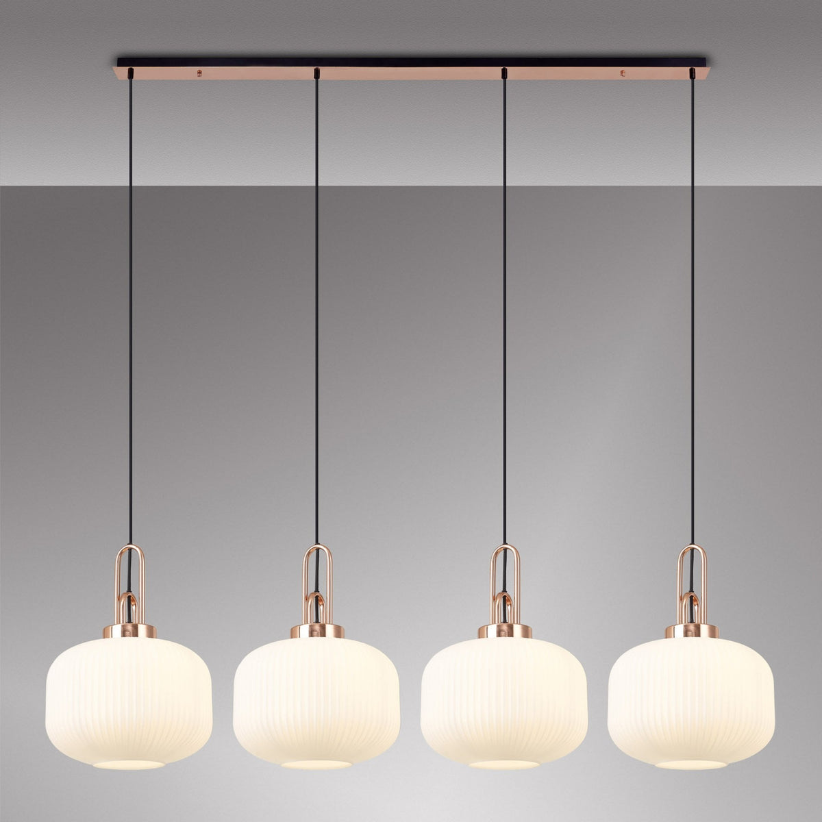 Atherington Pumpkin 4 Drop Linear Pendant in Copper with Opal Shades