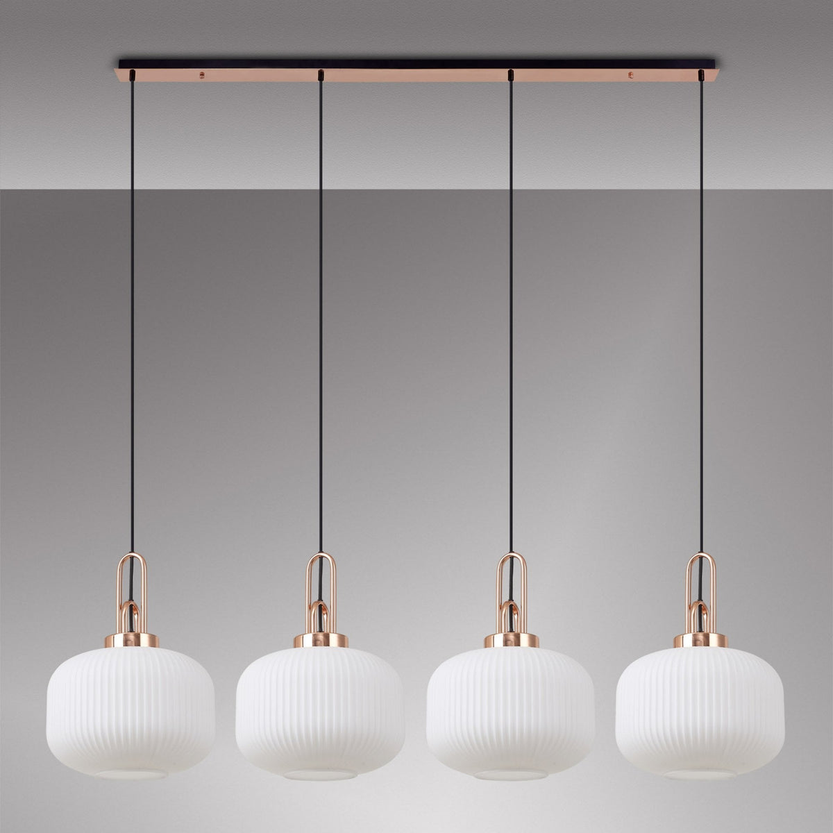 Atherington Pumpkin 4 Drop Linear Pendant in Copper with Opal Shades