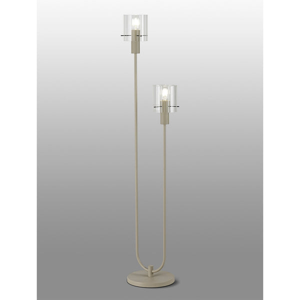 Belstone Wide Ribbed Stepped Floor Lamp in Beige Stone with Clear Glass