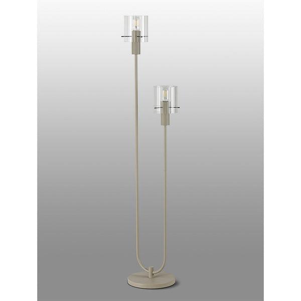 Belstone Wide Ribbed Stepped Floor Lamp in Beige Stone with Clear Glass