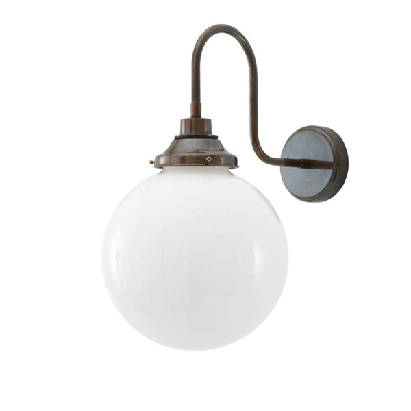Pelagia IP44 Swan Neck Wall Light In Antique Brass With Opal Glass Shade
