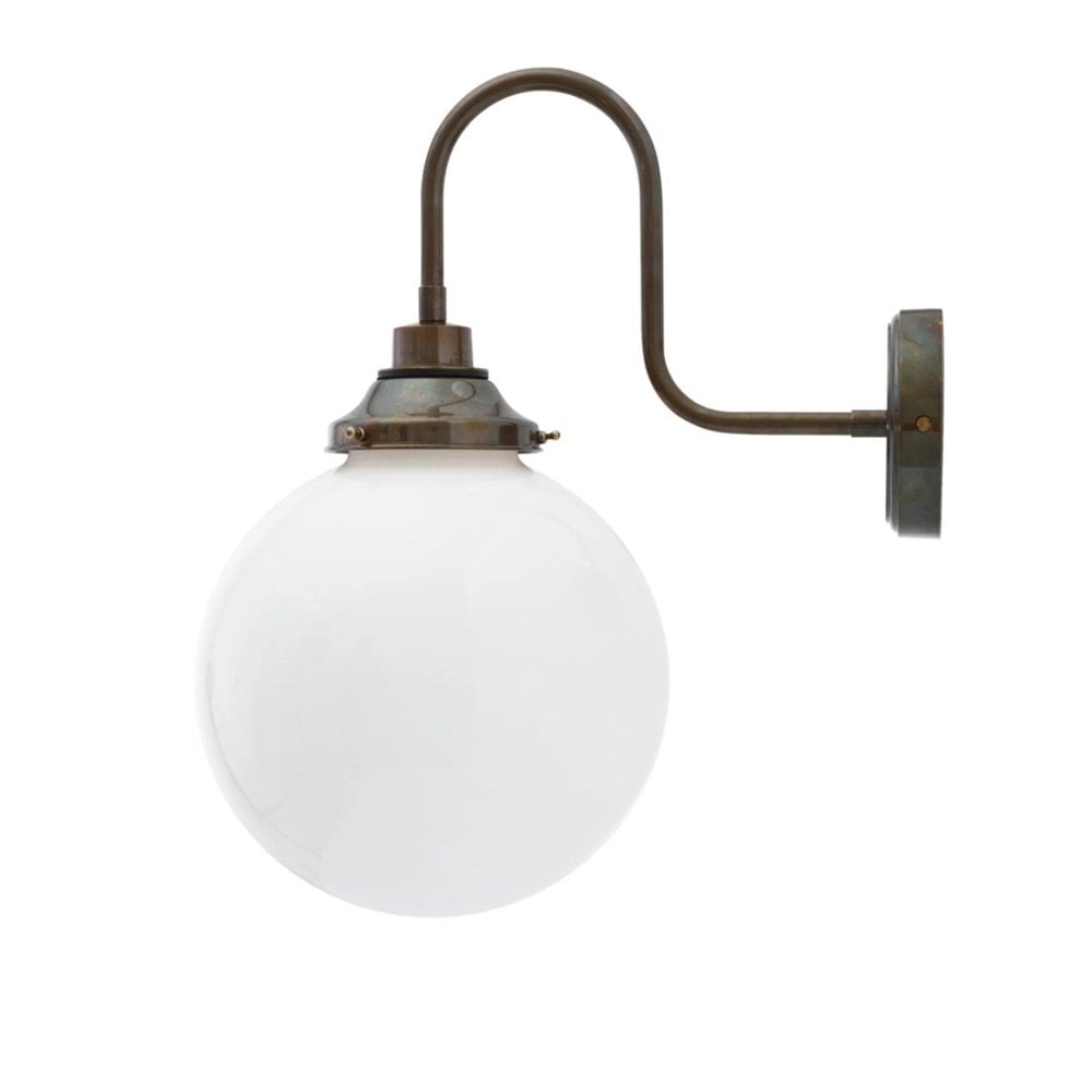 Pelagia IP44 Swan Neck Wall Light In Antique Brass With Opal Glass Shade