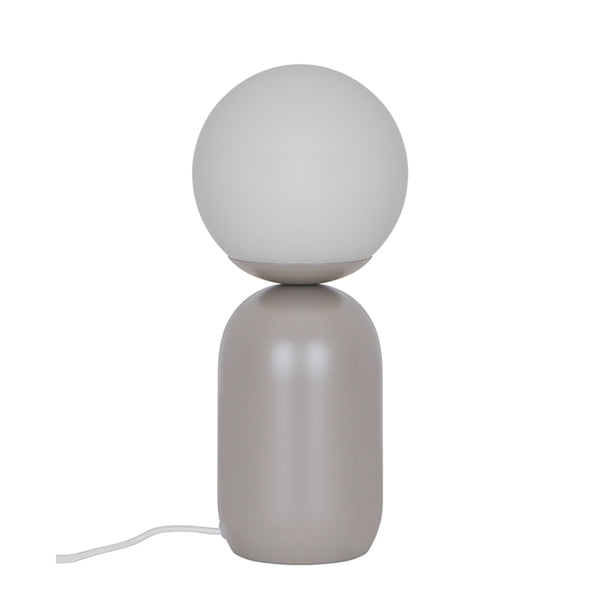 Grey table lamp with a spherical light on a cylindrical base