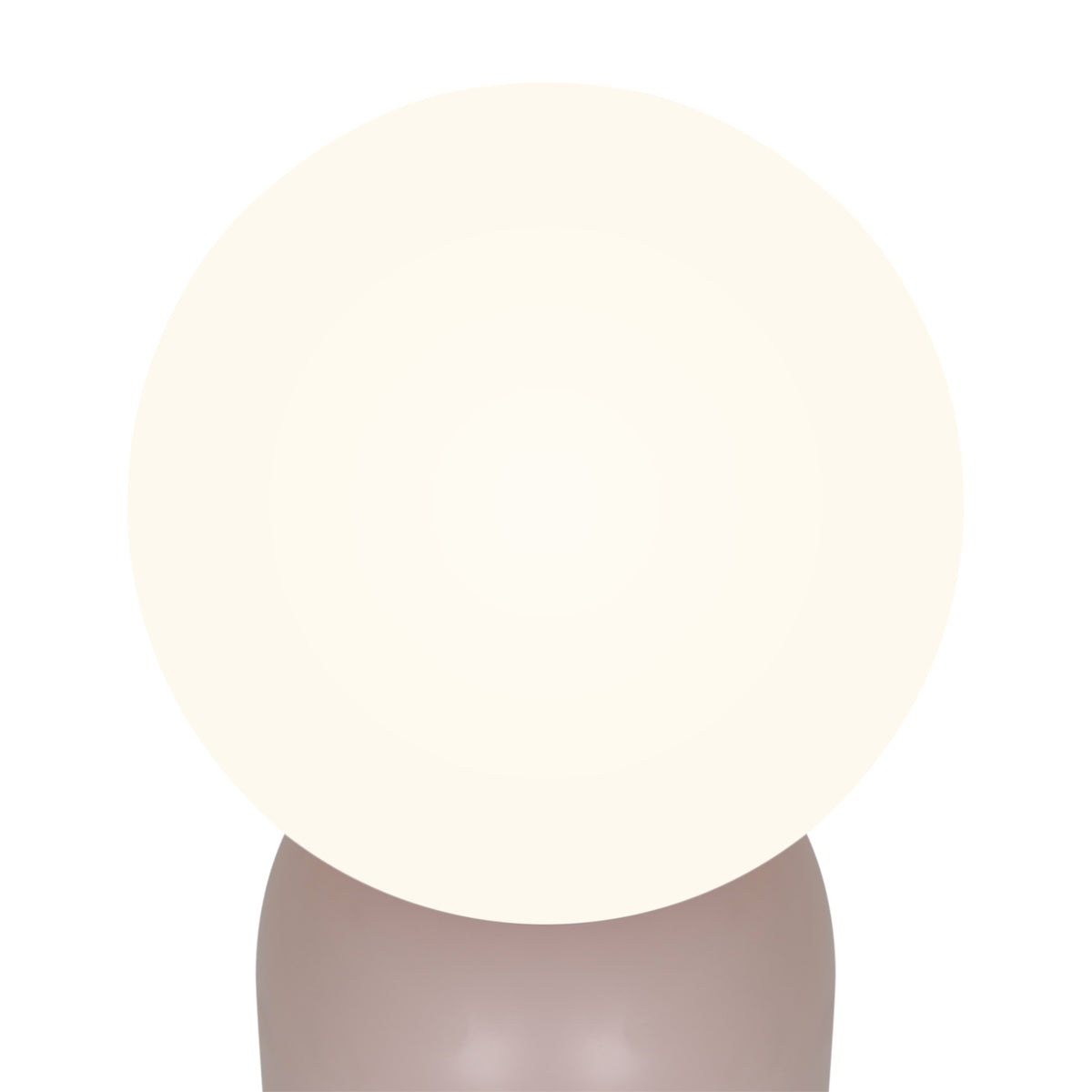 A close up of a light fixture with a round, cream-colored shade and a light brown base