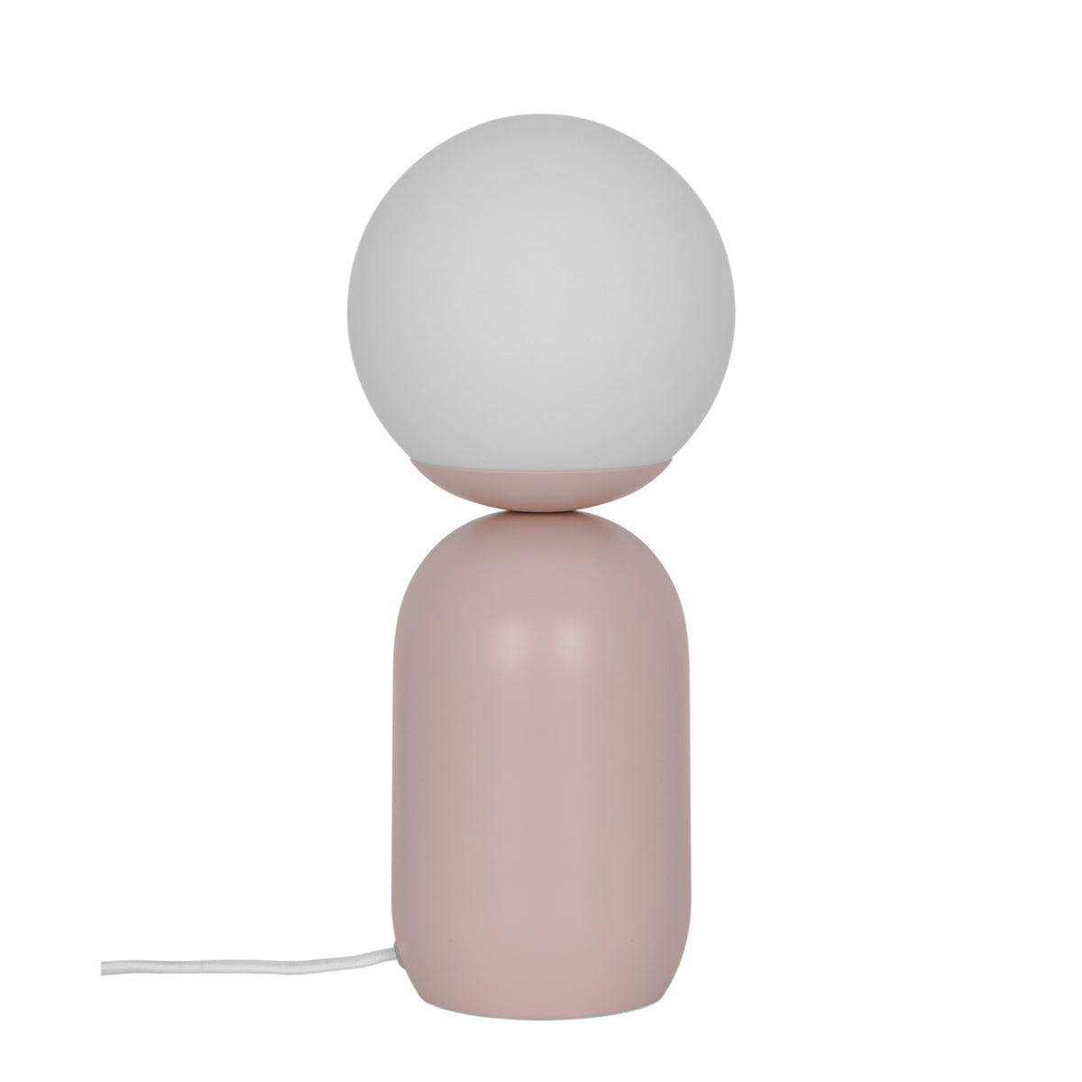 Pink table lamp with a white spherical shade on a white background